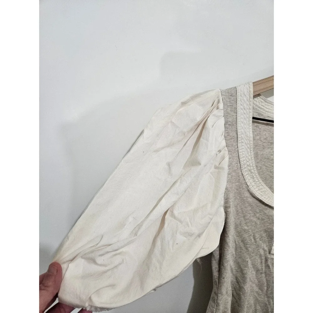 Ulla Johnson Pre-Fall 2022 Mixed Media Puff Sleeve Henley Top Oatmeal P